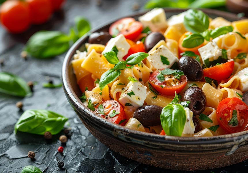 Insalata di pasta con mozzarella e olive Insalata di pasta con mozzarella e olive